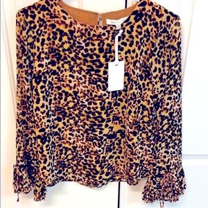 NWT Rose + Olive Leopard Animal Print Pleated & Bow Tie Sleeve Blouse Size Small